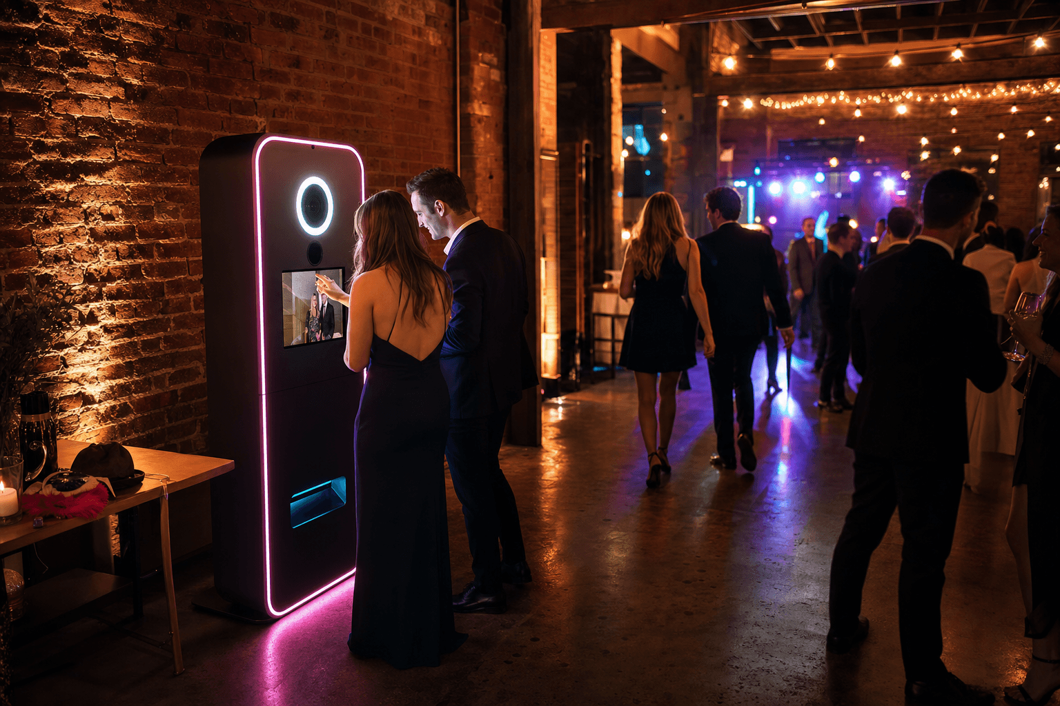 Fotobox steht gut sichtbar in einer Eventlocation mit Gästen drumherum