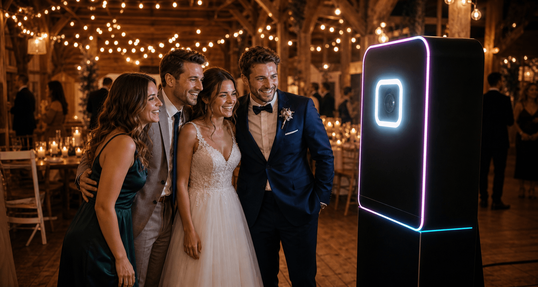 Brautpaar lacht mit Gästen vor einer Fotobox auf einer Hochzeit