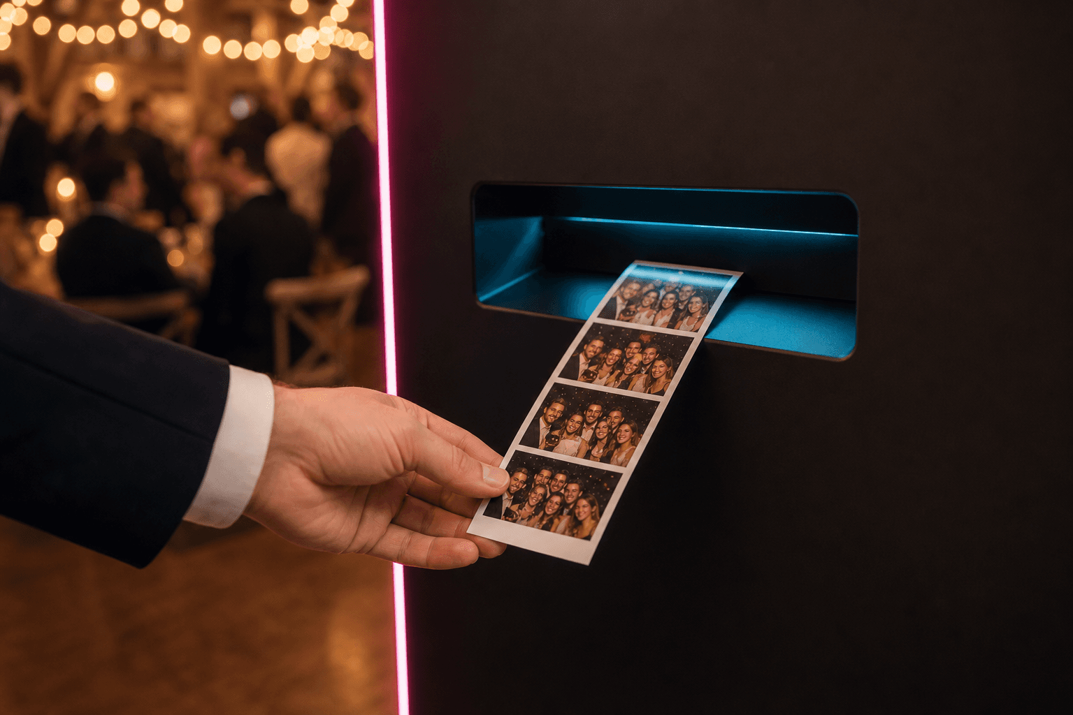 Hand greift einen frisch gedruckten Fotostreifen aus einem professionellen Fotodrucker