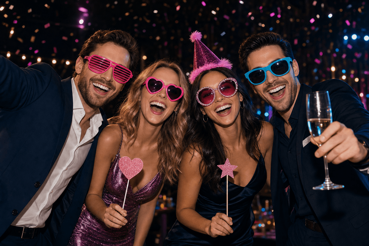 Freunde feiern einen Geburtstag vor der Fotobox