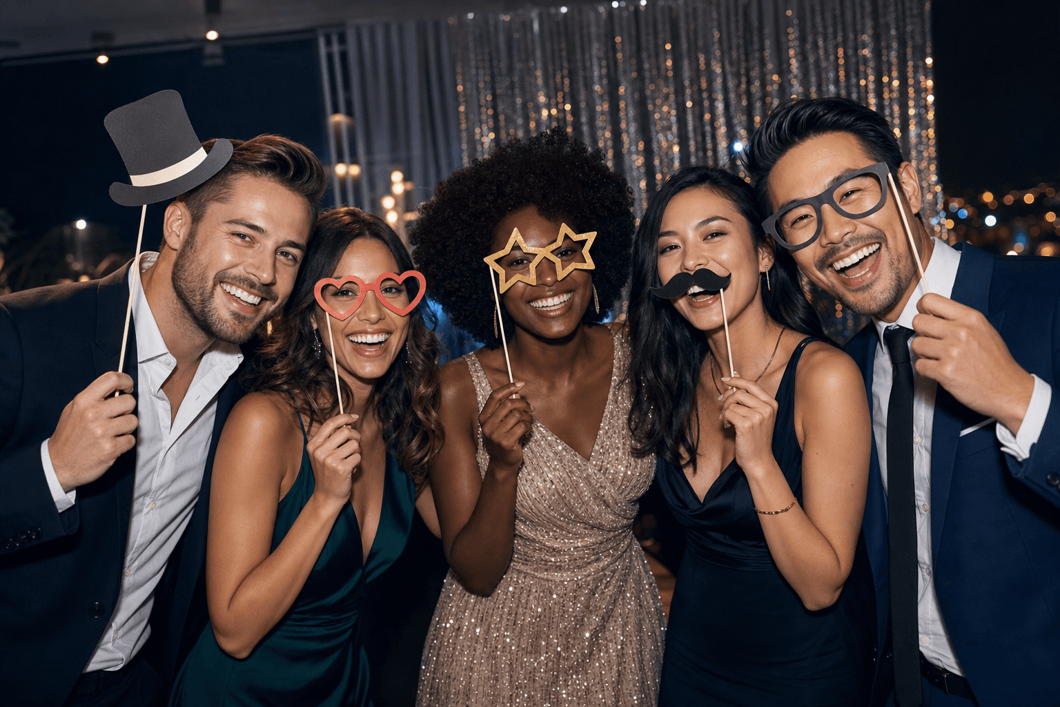 Freunde feiern mit Fotobox-Requisiten