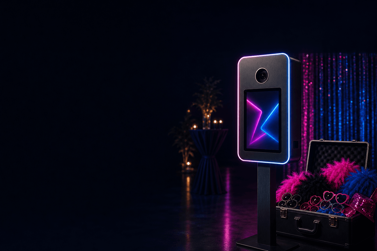 Moderne Fotobox mit Neonbeleuchtung und Event-Requisiten